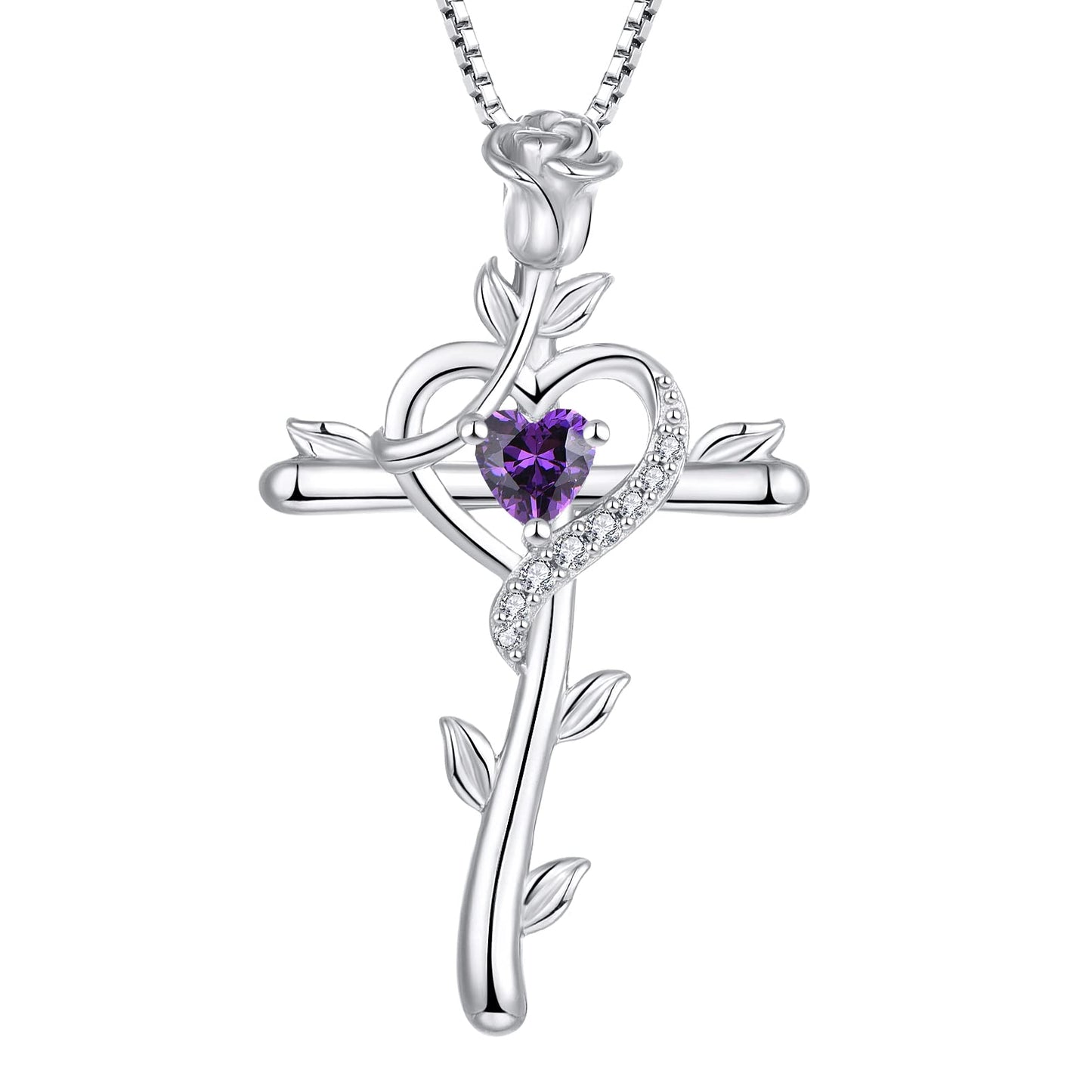 Starchenie Rose Cross Necklace 925 Sterling Silver Heart Crucifix Pendant Birthstones Jewelry for Women