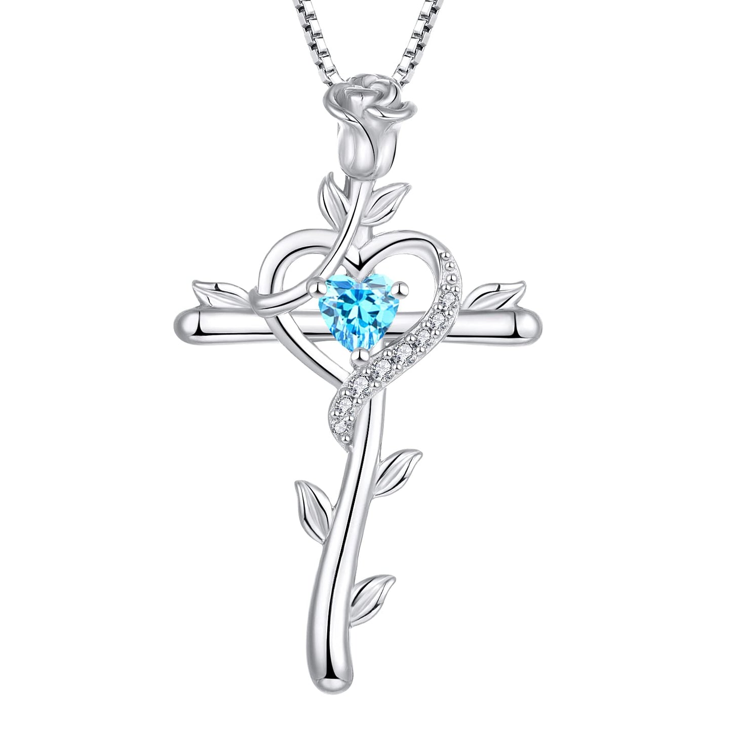 Starchenie Rose Cross Necklace 925 Sterling Silver Heart Crucifix Pendant Birthstones Jewelry for Women