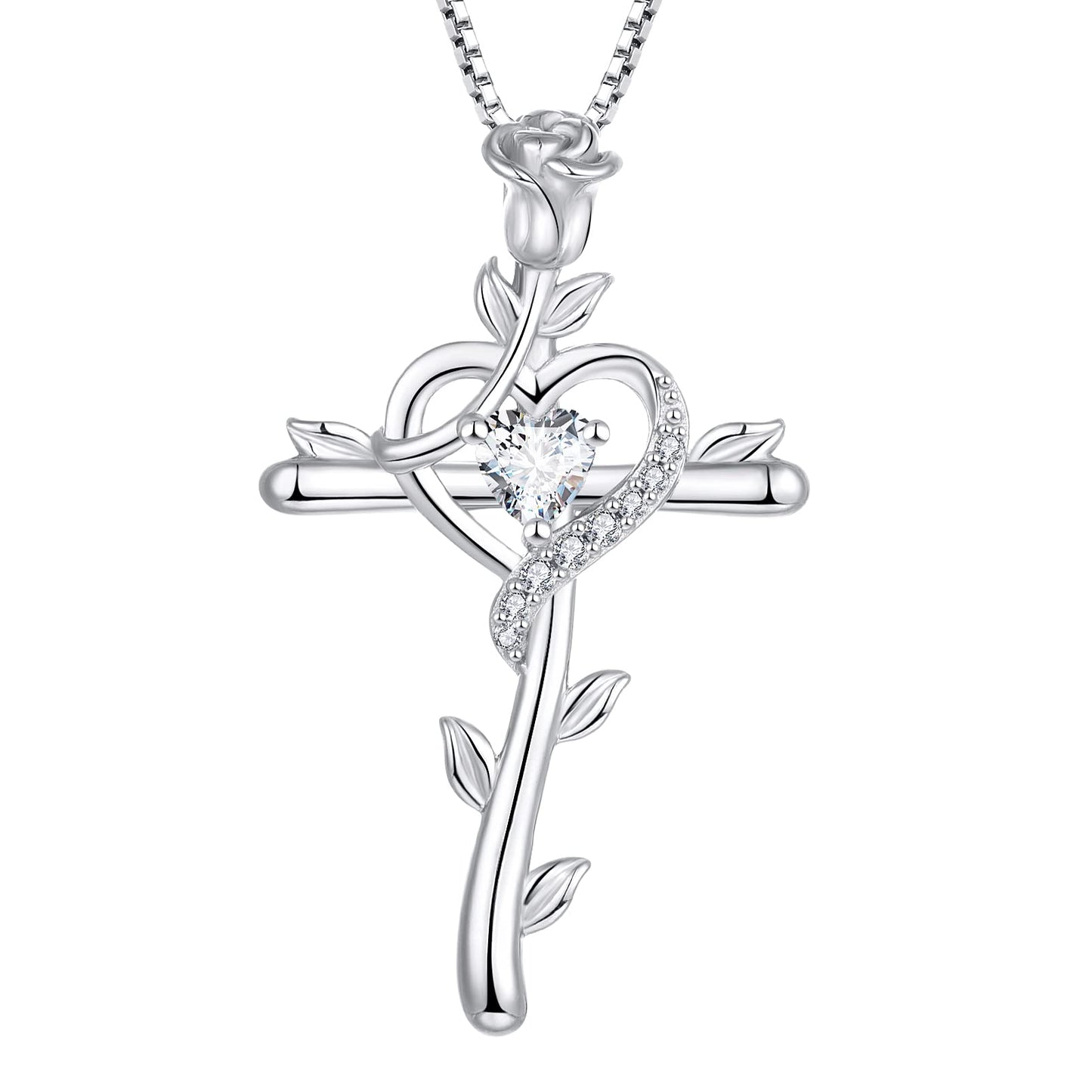 Starchenie Rose Cross Necklace 925 Sterling Silver Heart Crucifix Pendant Birthstones Jewelry for Women