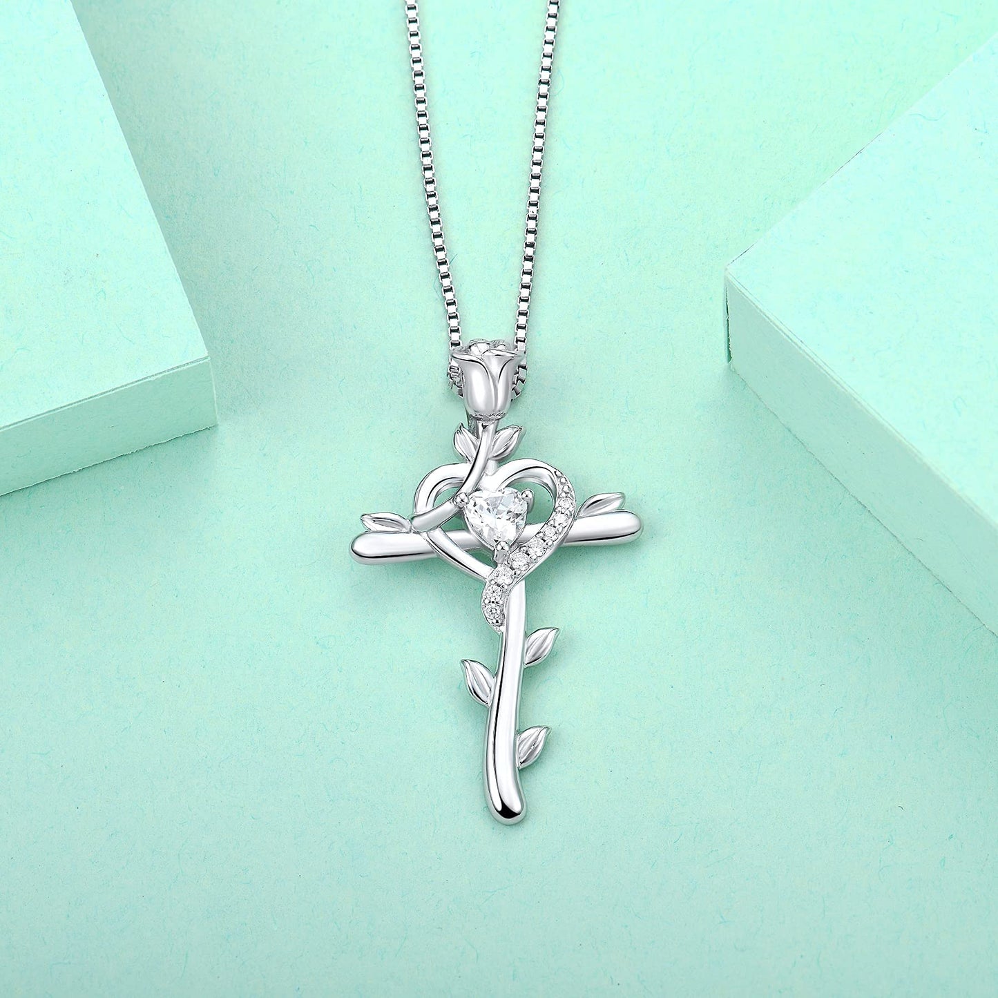 Starchenie Rose Cross Necklace 925 Sterling Silver Heart Crucifix Pendant Birthstones Jewelry for Women