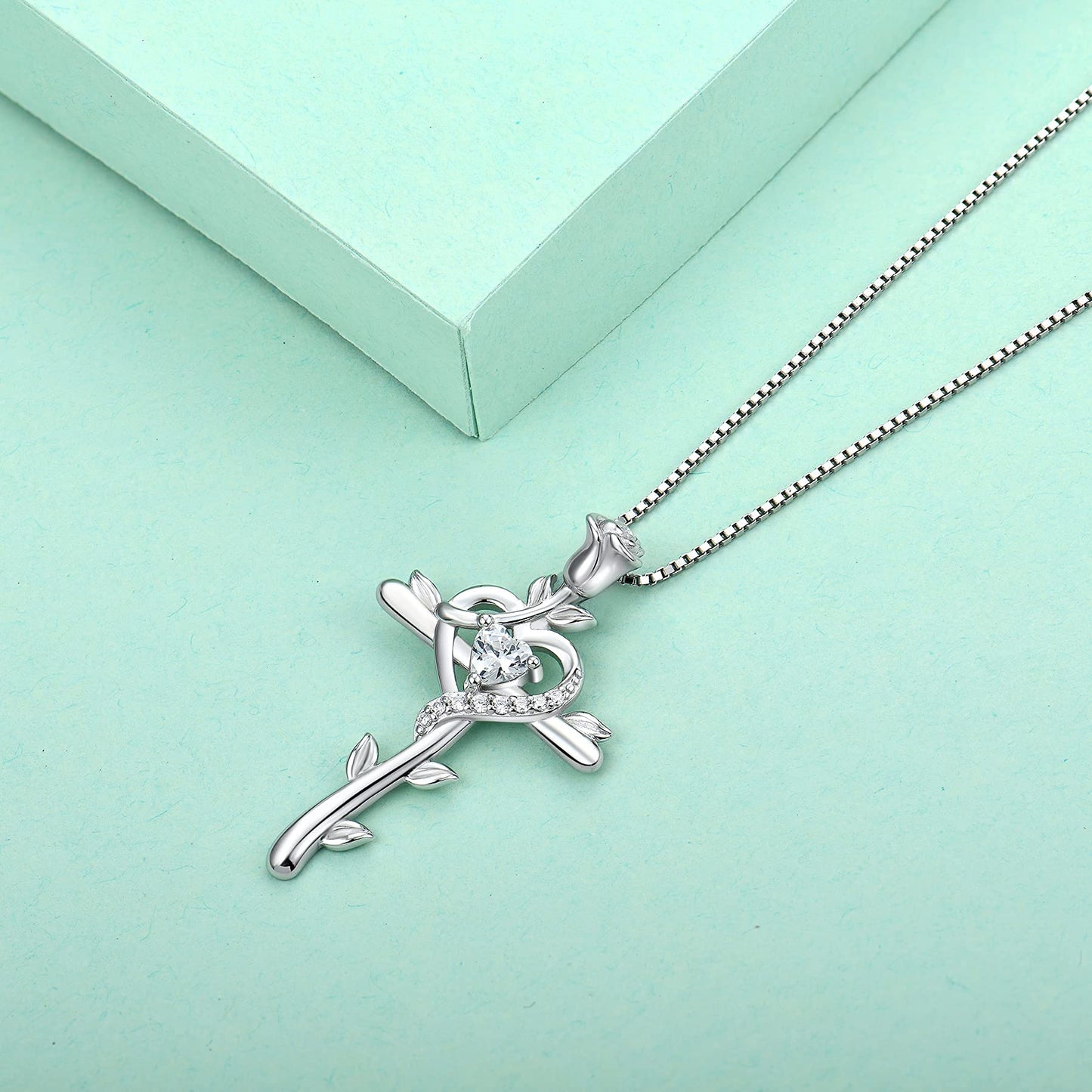 Starchenie Rose Cross Necklace 925 Sterling Silver Heart Crucifix Pendant Birthstones Jewelry for Women