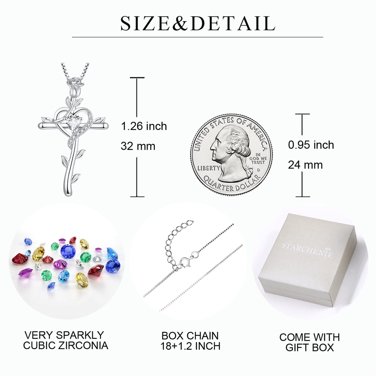 Starchenie Rose Cross Necklace 925 Sterling Silver Heart Crucifix Pendant Birthstones Jewelry for Women