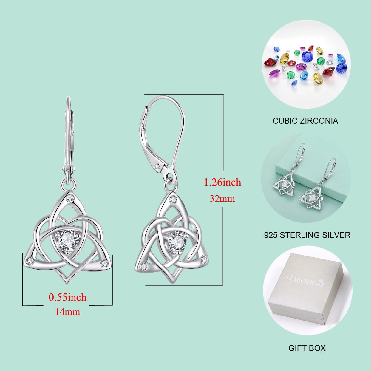 Starchenie Celtic Knot Dangle Earrings Sterling Silver Trinity Love Knot Leverback Earrings Birthstone Jewelry for Women