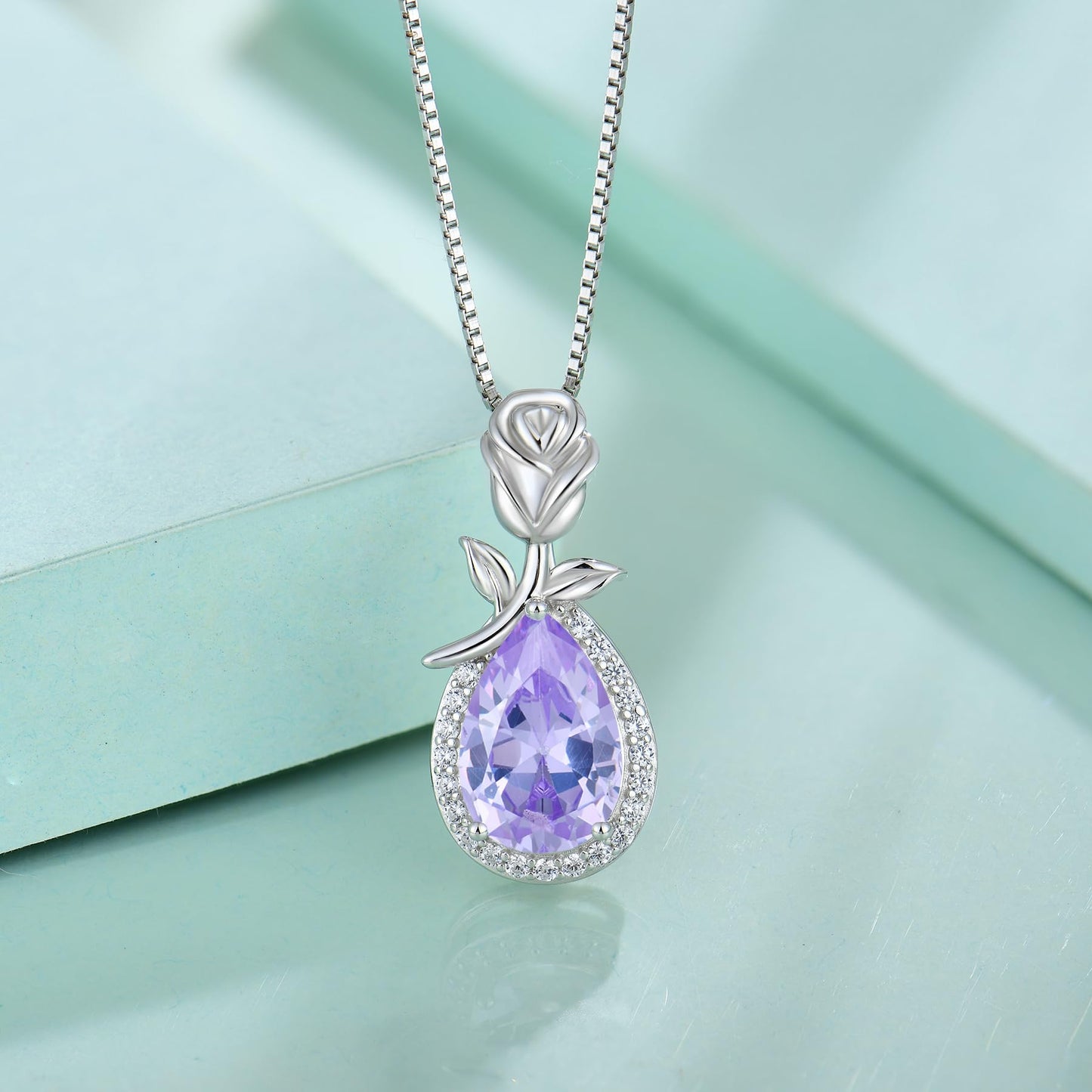 STARCHENIE Birthstone Necklace for Women 925 Sterling Silver Rose Flower Pendant Teardrop Jewelry