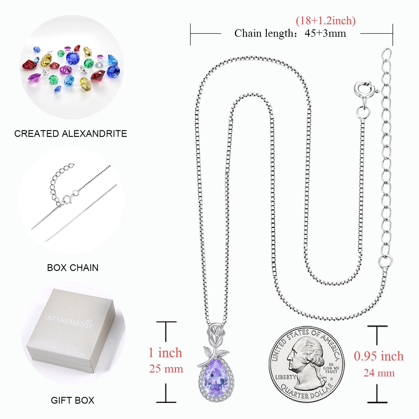 STARCHENIE Birthstone Necklace for Women 925 Sterling Silver Rose Flower Pendant Teardrop Jewelry