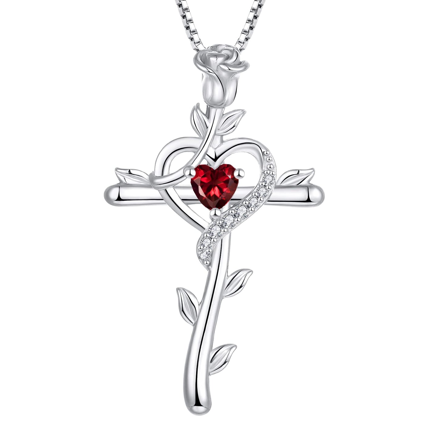 Starchenie Rose Cross Necklace 925 Sterling Silver Heart Crucifix Pendant Birthstones Jewelry for Women