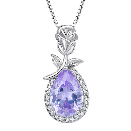 STARCHENIE Birthstone Necklace for Women 925 Sterling Silver Rose Flower Pendant Teardrop Jewelry